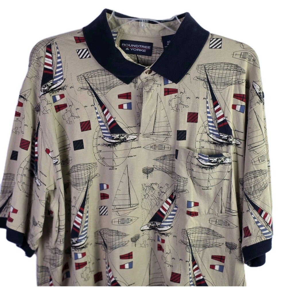 Roundtree & York Mens Tan XLT Tall Nautical Print Short Sleeve Shirt
